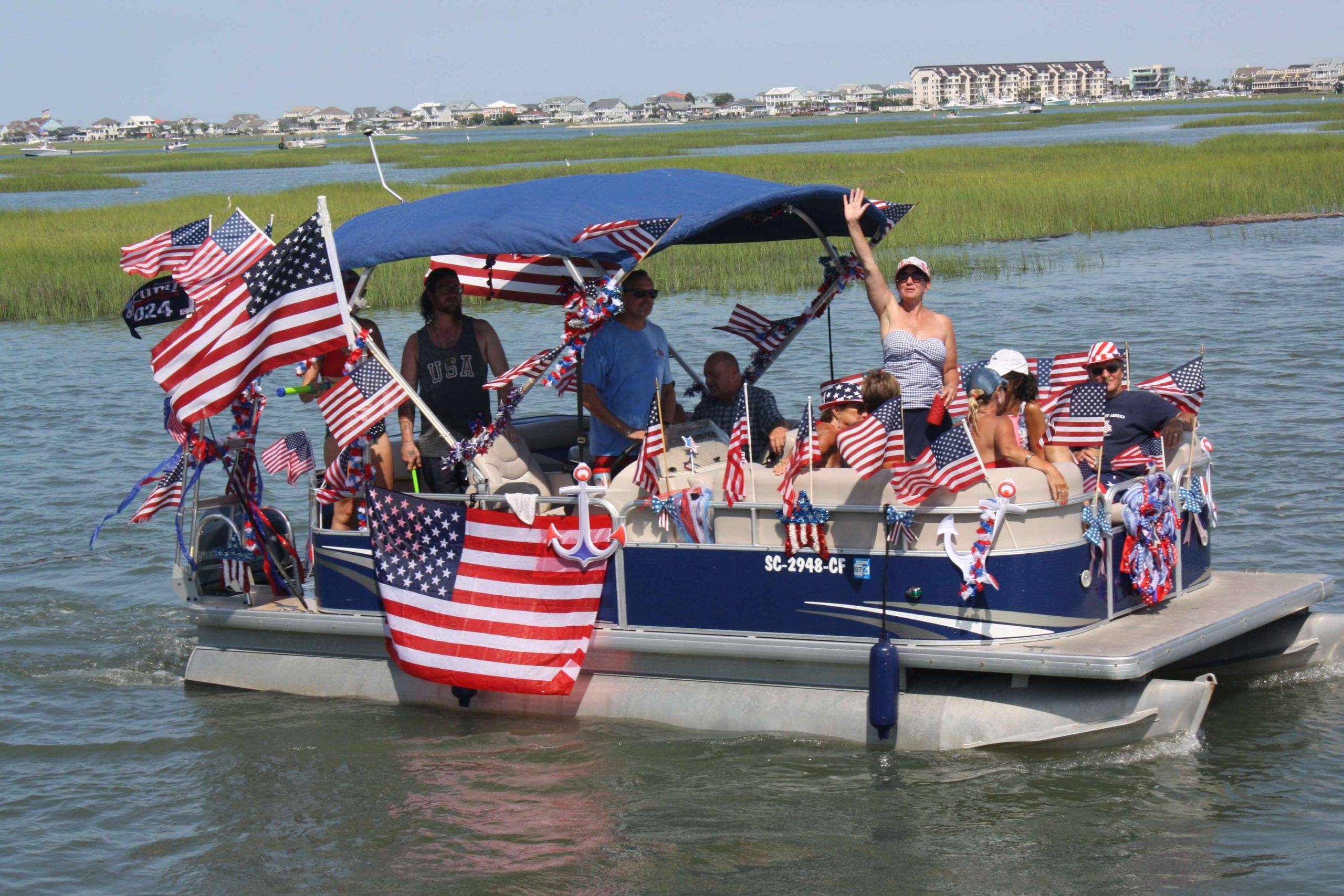 Boat decorated with American flags